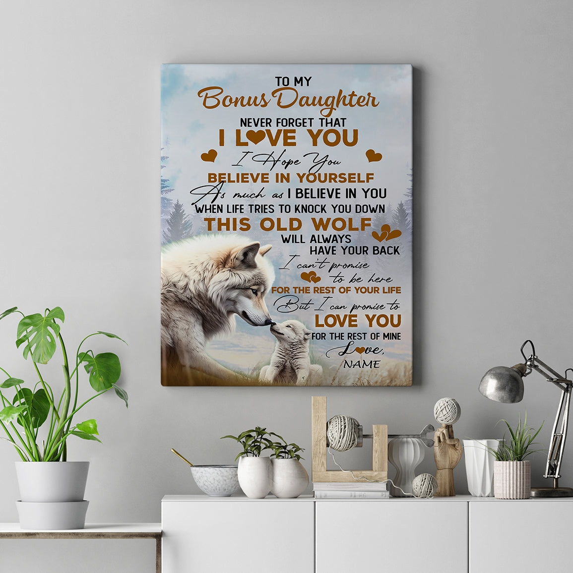 Personalized To My Bonus Daughter Canvas From Stepmom Dad Never Forget That I Love You Wolf Stepdaughter Birthday Gifts Christmas Custom Wall Art Print Framed Canvas | teecentury