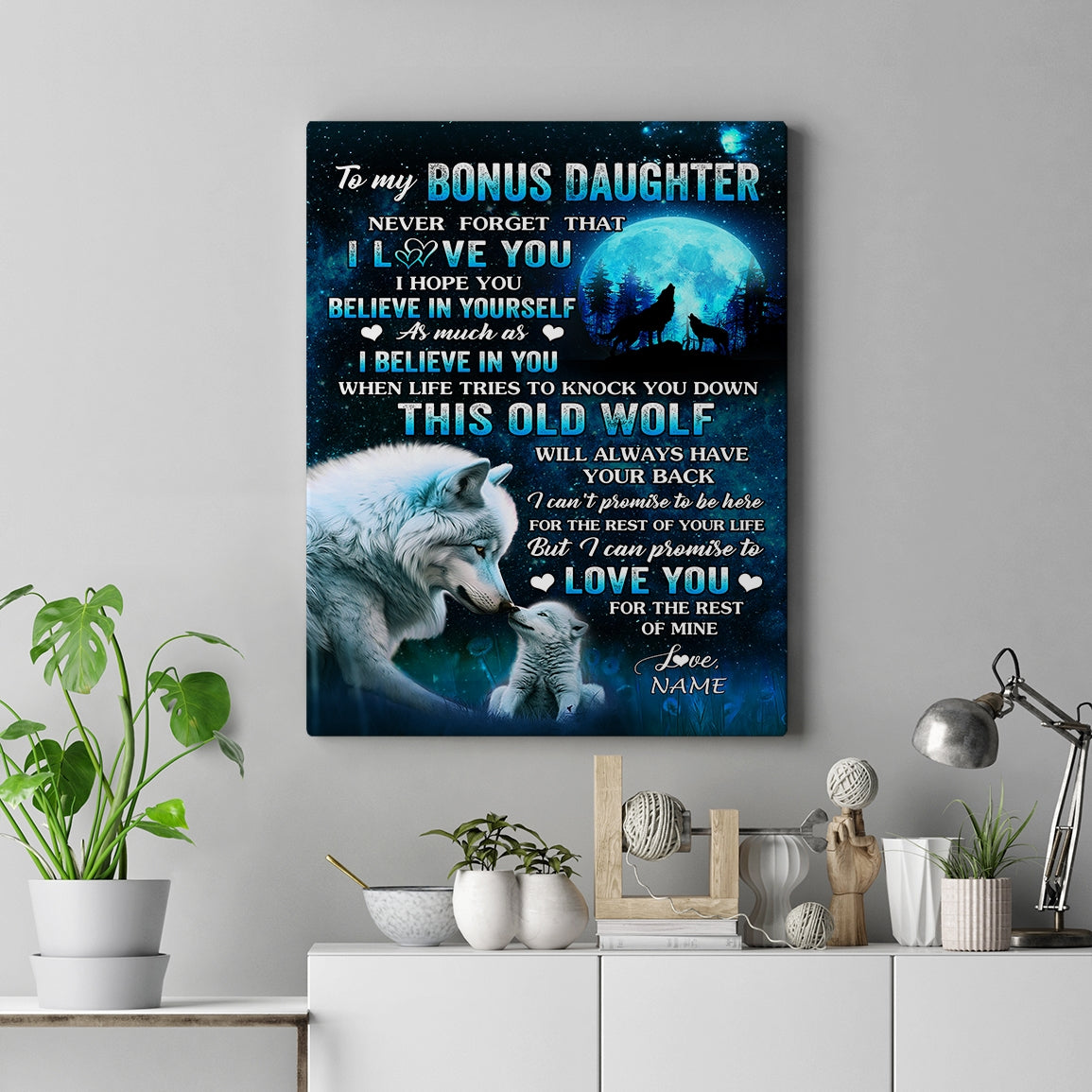 Personalized To My Bonus Daughter Canvas From Stepmom Dad This Old Wolf Love Stepdaughter Birthday Gifts Graduation Christmas Custom Wall Art Print Framed Canvas | teecentury