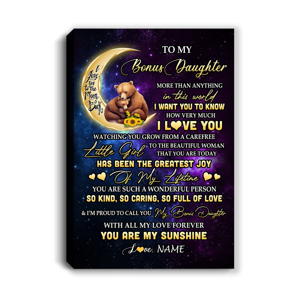 Personalized To My Bonus Daughter Canvas From Stepmom Positive Energy Encourage Brave Little Bear Stepdaughter Birthday Christmas Custom Wall Art Print Framed Canvas | teecentury