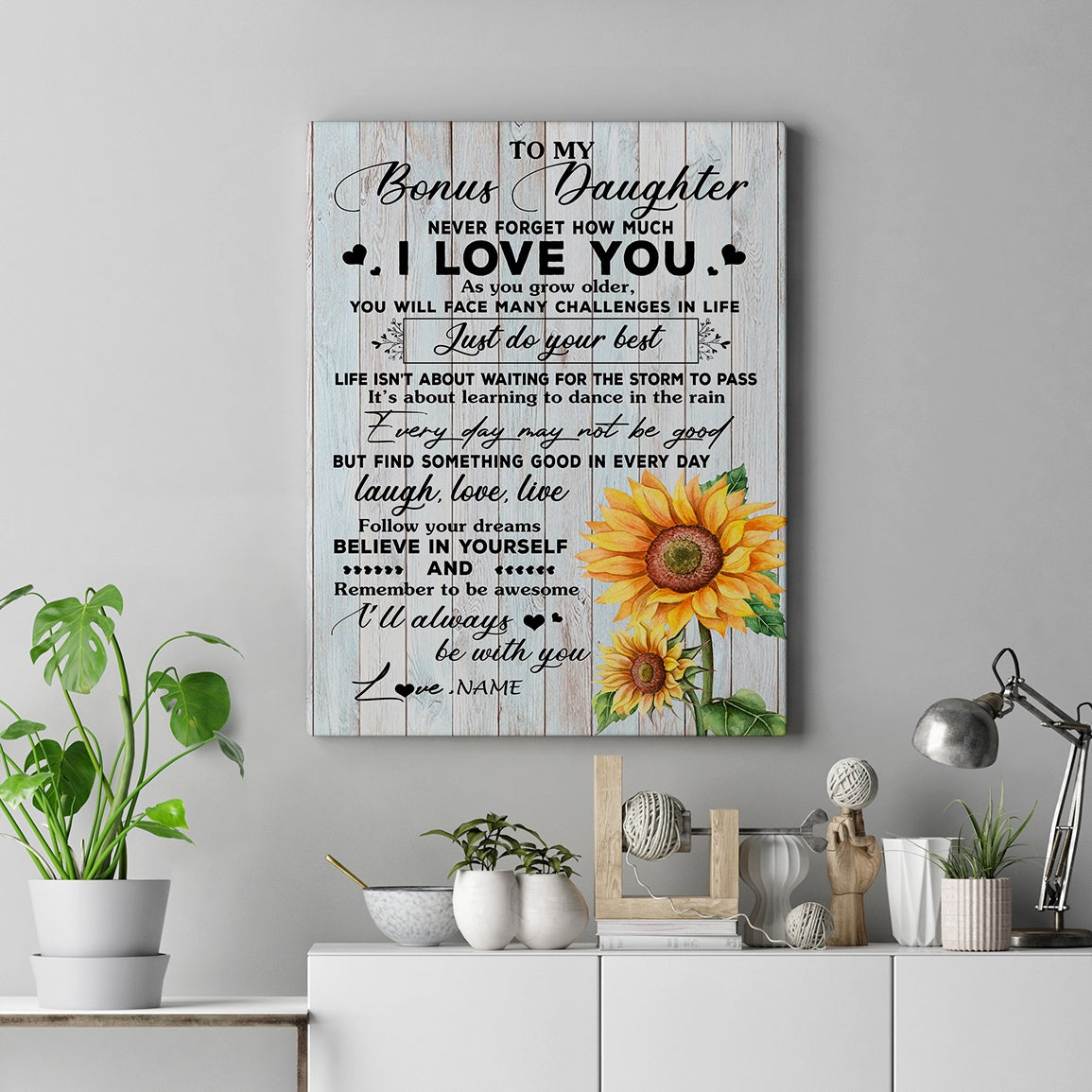 Personalized To My Bonus Daughter Canvas From Stepmom Sunflower Wood Laugh Love Live Stepdaughter Birthday Graduation Christmas Custom Wall Art Print Framed Canvas | teecentury