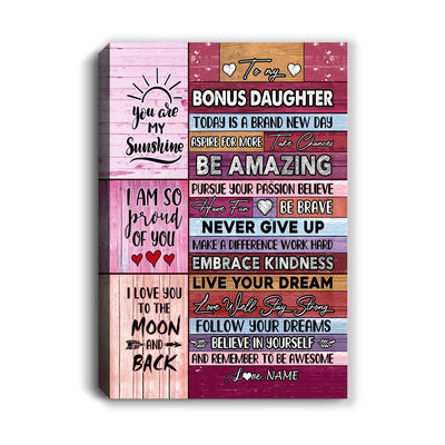 Personalized To My Bonus Daughter Canvas From Stepmother Never Give Up Live Your Dream Pink Wood Stepdaughter Birthday Christmas Custom Wall Art Print Framed Canvas | teecentury