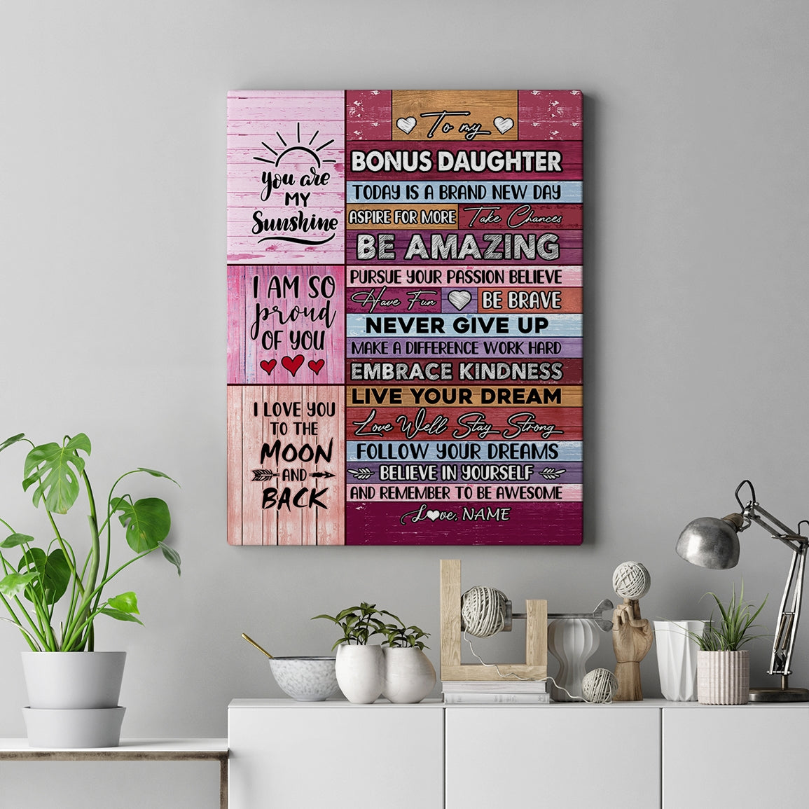 Personalized To My Bonus Daughter Canvas From Stepmother Never Give Up Live Your Dream Pink Wood Stepdaughter Birthday Christmas Custom Wall Art Print Framed Canvas | teecentury