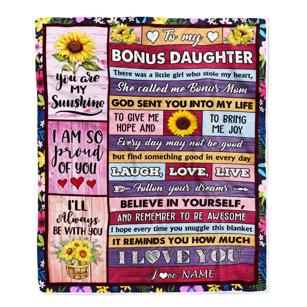 Personalized To My Bonus Daughter From Bonus Mom Blanket Wood Sunflower Little Girl Birthday Gifts Stepdaughter Graduation Christmas Customized Fleece Blanket | teecentury