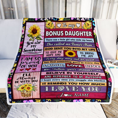 Personalized To My Bonus Daughter From Bonus Mom Blanket Wood Sunflower Little Girl Birthday Gifts Stepdaughter Graduation Christmas Customized Fleece Blanket | teecentury