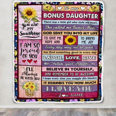 Personalized To My Bonus Daughter From Bonus Mom Blanket Wood Sunflower Little Girl Birthday Gifts Stepdaughter Graduation Christmas Customized Fleece Blanket | teecentury