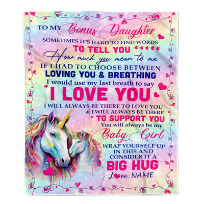Personalized To My Bonus Daughter From Step Mom Dad Sometimes It's Hard To Find Words To Say I Love You Unicorn Stepdaughter Birthday Christmas Fleece Blanket | teecentury