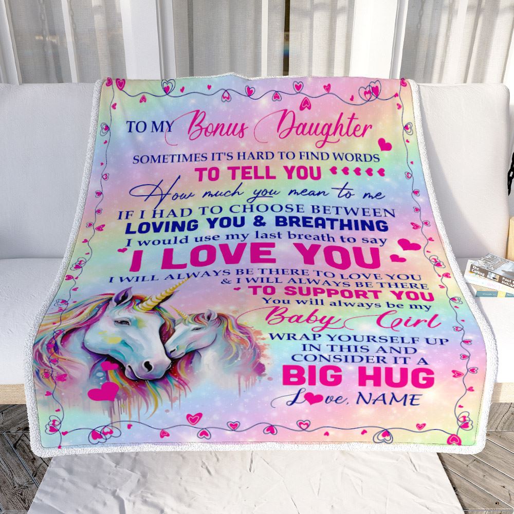 Personalized To My Bonus Daughter From Step Mom Dad Sometimes It's Hard To Find Words To Say I Love You Unicorn Stepdaughter Birthday Christmas Fleece Blanket | teecentury