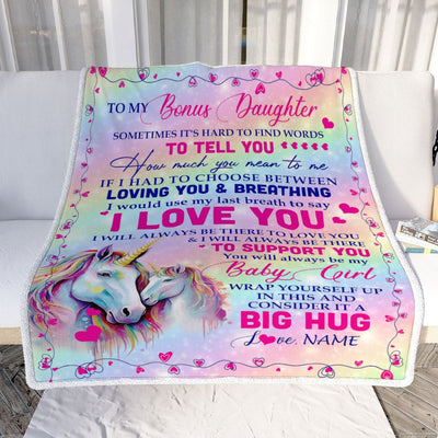 Personalized To My Bonus Daughter From Step Mom Dad Sometimes It's Hard To Find Words To Say I Love You Unicorn Stepdaughter Birthday Christmas Fleece Blanket | teecentury