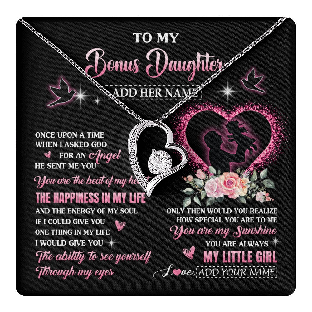 Forever Love Necklace 14K White Gold Finish | 1 | Personalized To My Bonus Daughter From Stepdad Necklace Once Upon A Time Birthday Graduation Gifts For Stepdaughter Christmas Custom Gift Box Message Card | teecentury.myshopify