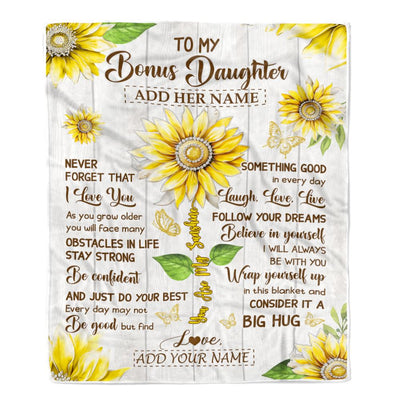 Personalized To My Bonus Daughter Gift Blanket From Stepmother Dad Sunflower Laugh Love Live Stepdaughter Birthday Idea Christmas Customized Fleece Blanket | teecentury