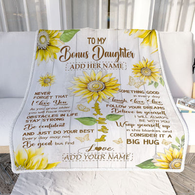 Personalized To My Bonus Daughter Gift Blanket From Stepmother Dad Sunflower Laugh Love Live Stepdaughter Birthday Idea Christmas Customized Fleece Blanket | teecentury