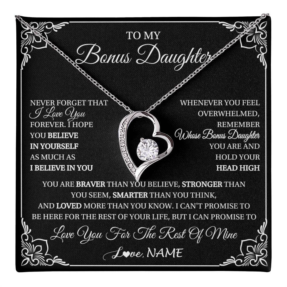 Forever Love Necklace 14K White Gold Finish | 1 | Personalized To My Bonus Daughter Gift From Stepmom Dad Necklace I Love You Believe In You Birthday Gifts Christmas Customized Gift Box Message Card | teecentury