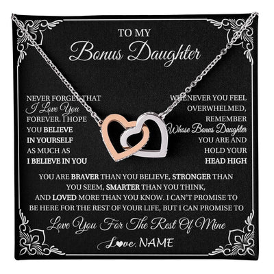 Interlocking Hearts Necklace Stainless Steel & Rose Gold Finish | 1 | Personalized To My Bonus Daughter Gift From Stepmom Dad Necklace I Love You Believe In You Birthday Gifts Christmas Customized Gift Box Message Card | teecentury