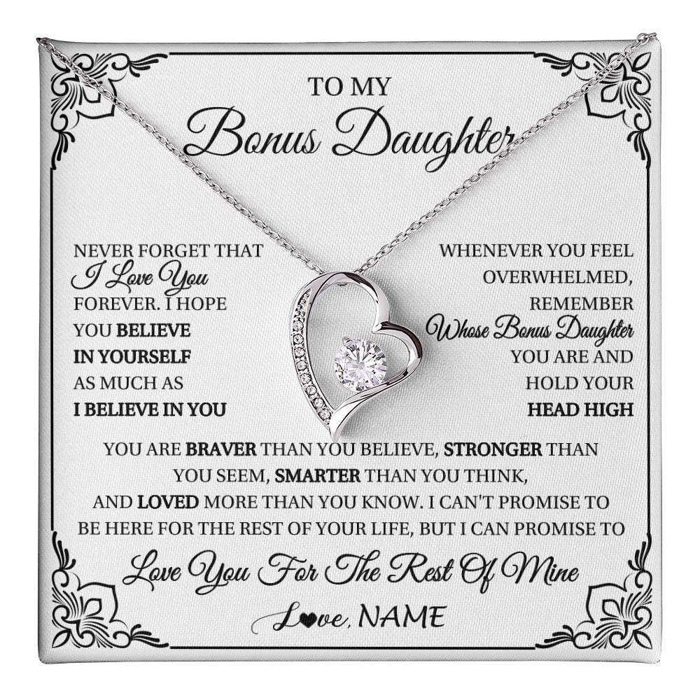 Forever Love Necklace 14K White Gold Finish | 1 | Personalized To My Bonus Daughter Gift Necklace From Stepmom Dad I Love You Believe In You Birthday Gifts Christmas Customized Gift Box Message Card | teecentury