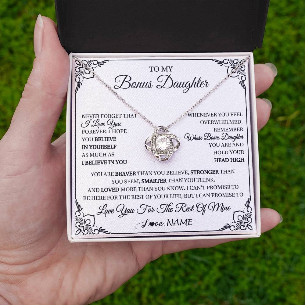 Love Knot Necklace 14K White Gold Finish | 2 | Personalized To My Bonus Daughter Gift Necklace From Stepmom Dad I Love You Believe In You Birthday Gifts Christmas Customized Gift Box Message Card | teecentury