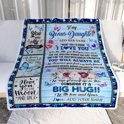 Personalized To My Bonus Daughter Gifts Blanket Butterfly You Are My Sunshine Love You To The Moon Custom Stepdaughter Birthday Gifts Christmas Fleece Blanket | teecentury