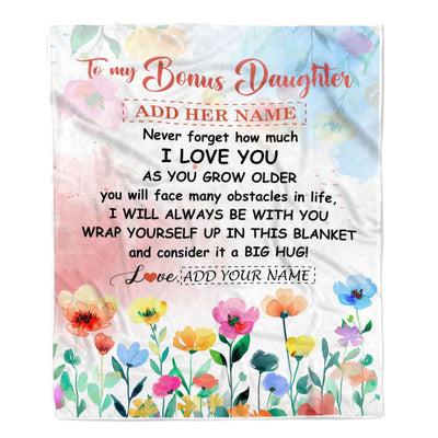 Personalized To My Bonus Daughter Gifts Blanket From Step Mom Floral A Big Hug I Love You Stepdaughter Birthday Gifts Graduation Christmas Fleece Blanket | teecentury