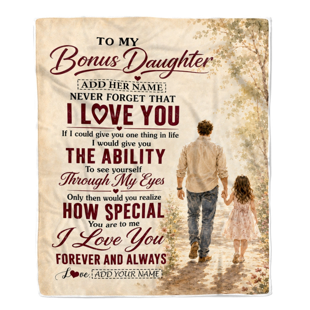 Personalized To My Bonus Daughter Gifts Blanket From Stepdad Stepdaughter Holding Hands Letter Birthday Gift Graduation Christmas Customized Fleece Blanket | teecentury