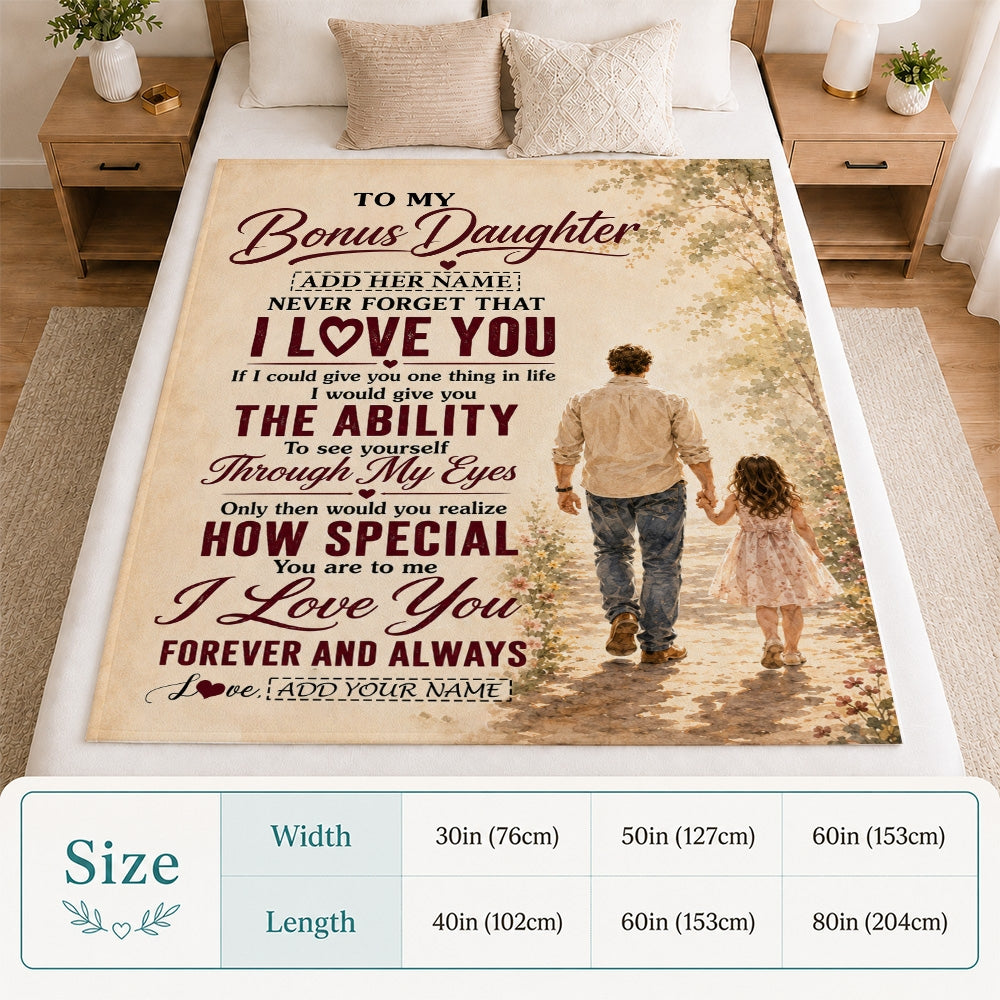 Personalized To My Bonus Daughter Gifts Blanket From Stepdad Stepdaughter Holding Hands Letter Birthday Gift Graduation Christmas Customized Fleece Blanket | teecentury