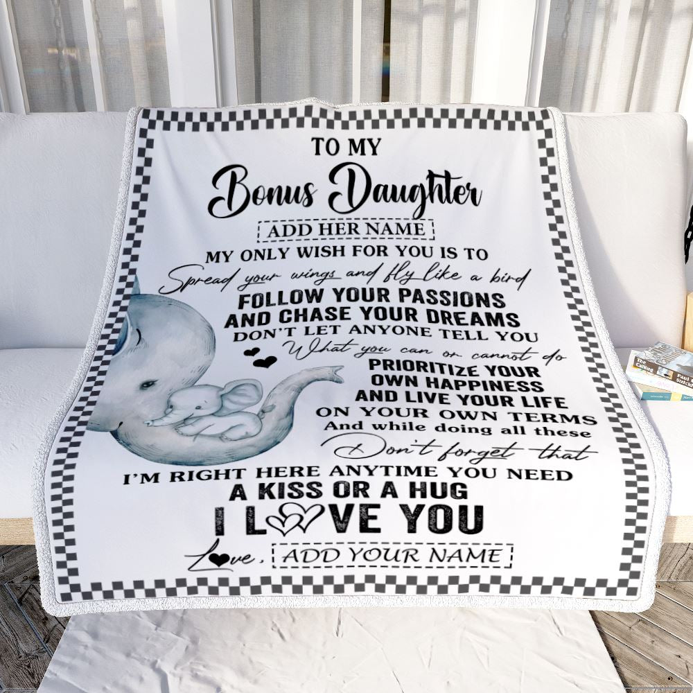 Personalized To My Bonus Daughter Gifts Blanket From Stepmom Elephant My Only Wish For You Stepdaughter Birthday Gifts Graduation Christmas Fleece Blanket | teecentury