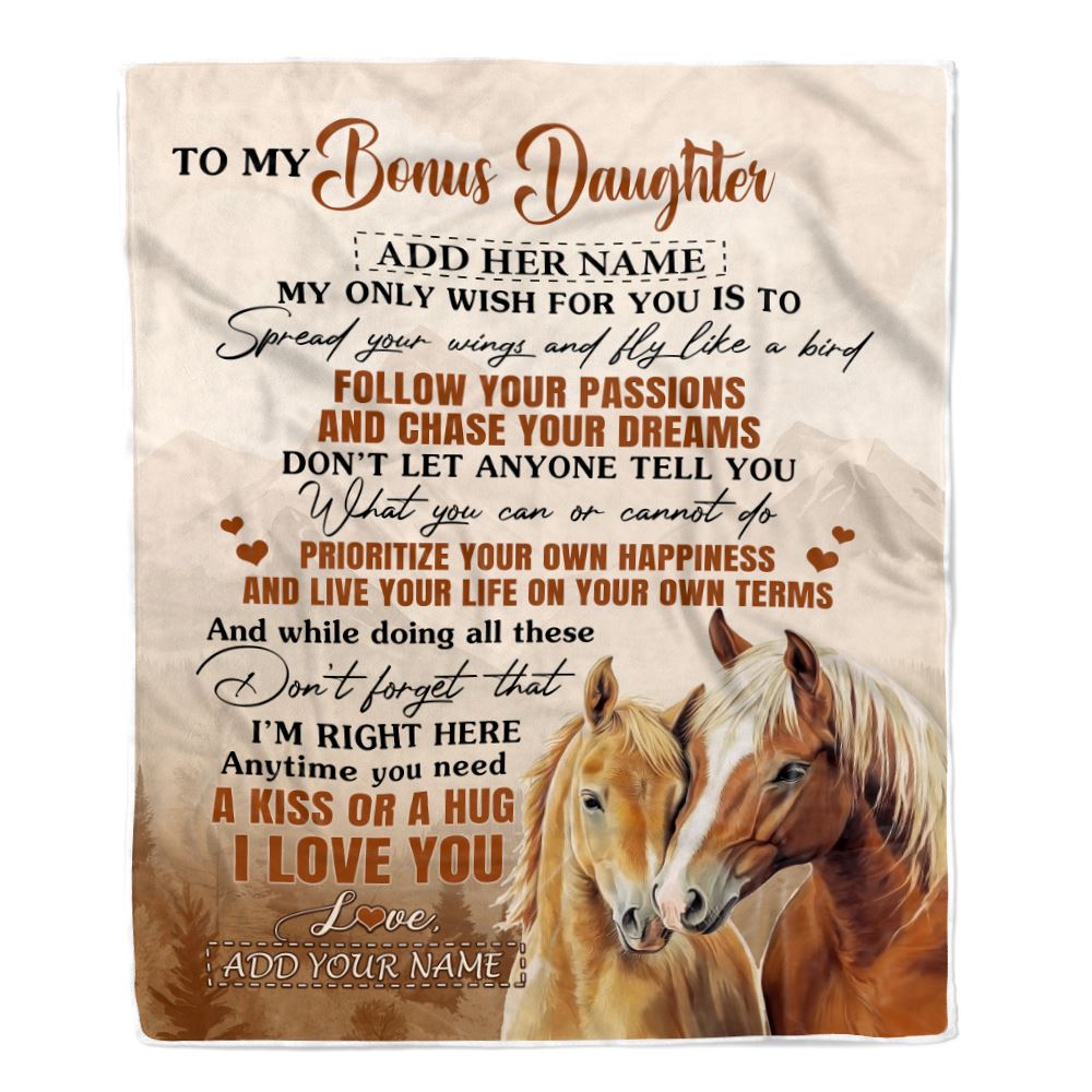 Personalized To My Bonus Daughter Gifts Blanket From Stepmom Horse My Only Wish For You Stepdaughter Birthday Gifts Graduation Christmas Fleece Throw Blanket | teecentury