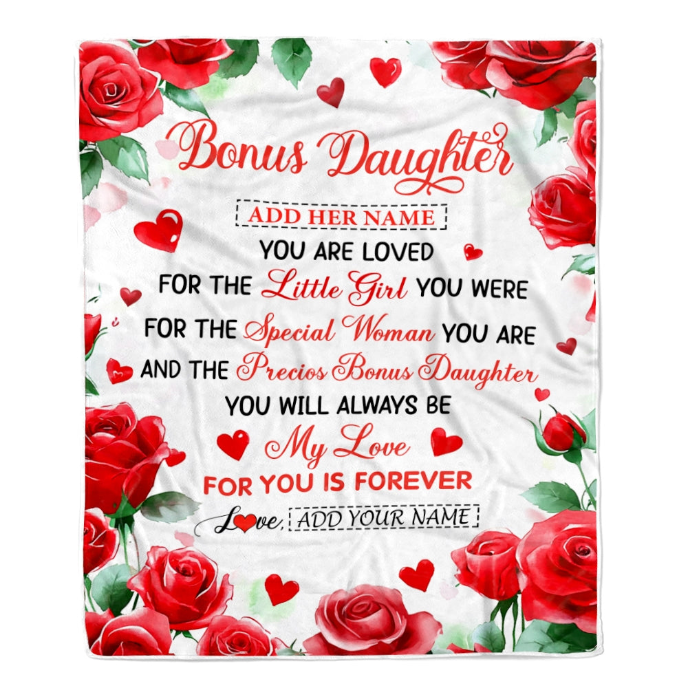Personalized To My Bonus Daughter Gifts Blanket From Stepmom Rose Flower Present For Adult Birthday Gifts For Stepdaughter Christmas Graduation Fleece Blanket | teecentury