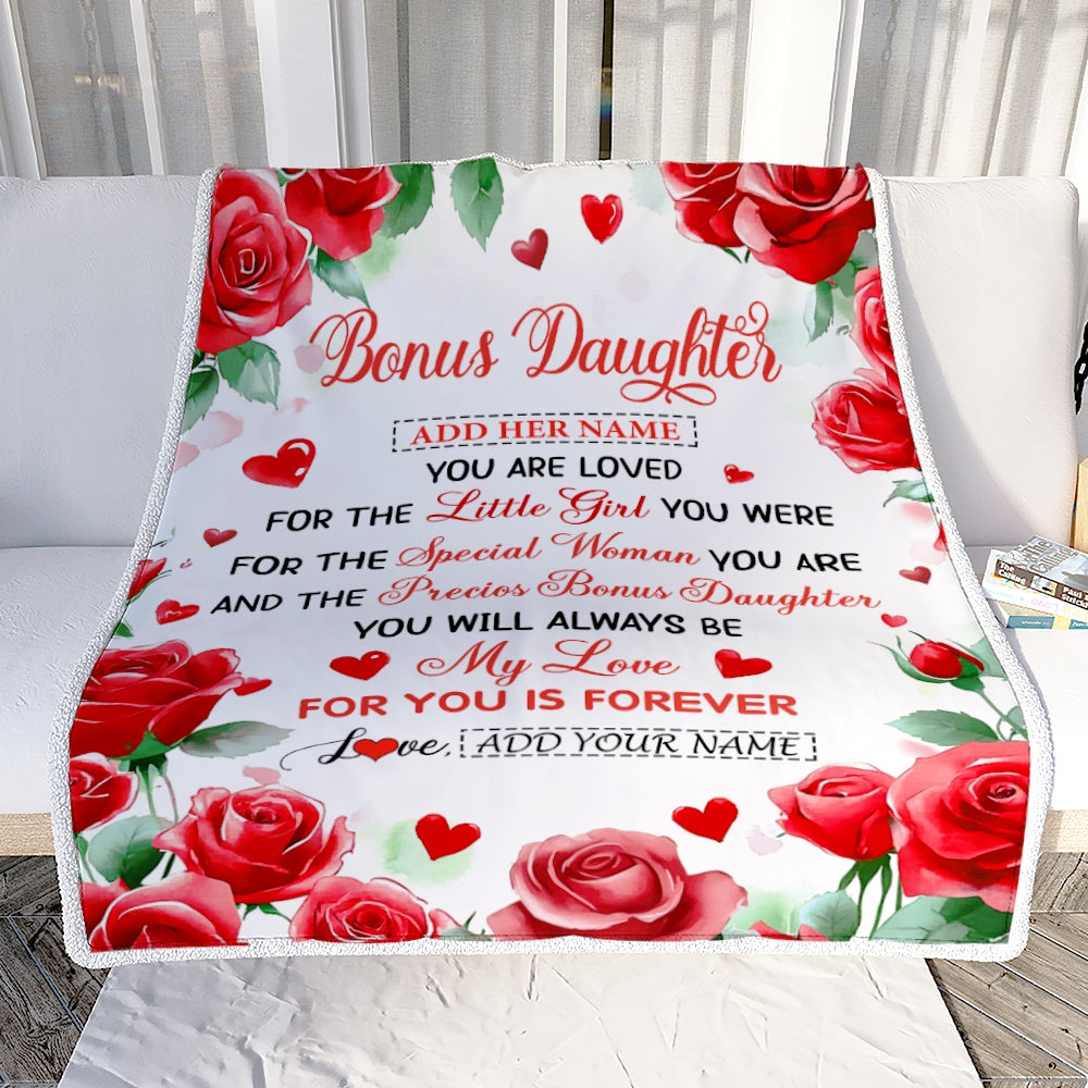 Personalized To My Bonus Daughter Gifts Blanket From Stepmom Rose Flower Present For Adult Birthday Gifts For Stepdaughter Christmas Graduation Fleece Blanket | teecentury