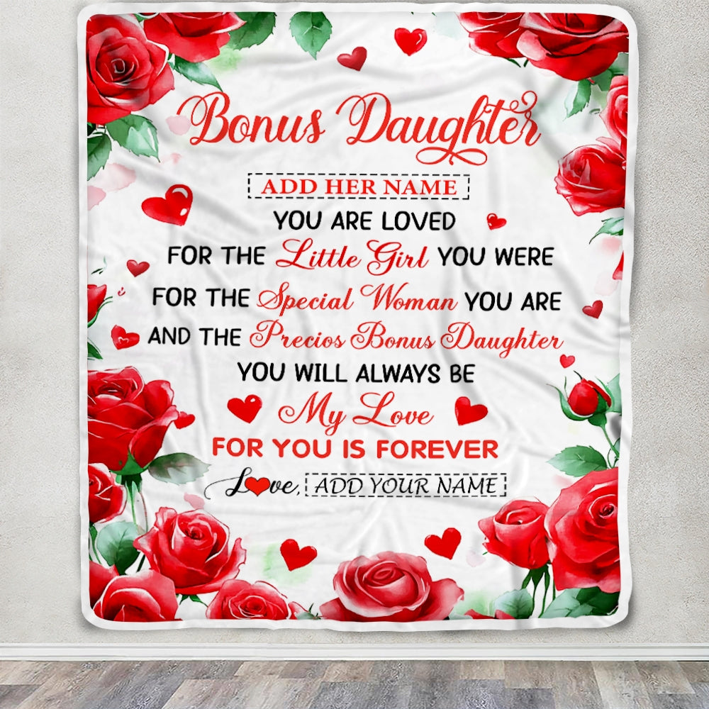 Personalized To My Bonus Daughter Gifts Blanket From Stepmom Rose Flower Present For Adult Birthday Gifts For Stepdaughter Christmas Graduation Fleece Blanket | teecentury