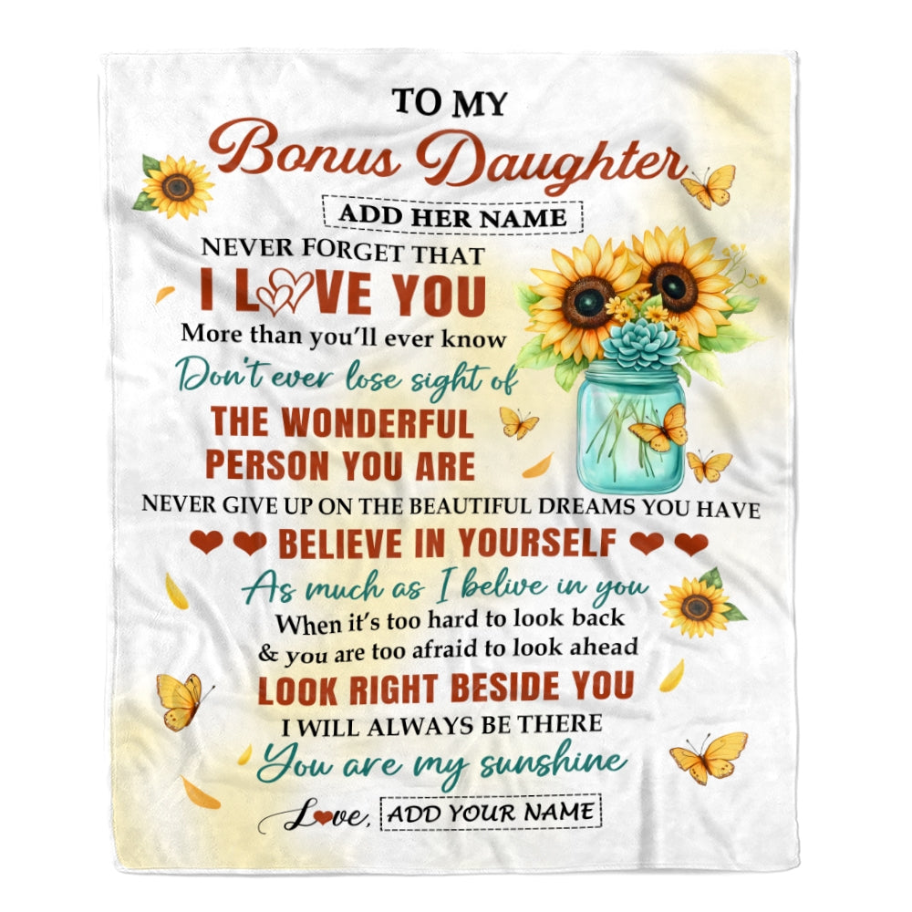 Personalized To My Bonus Daughter Gifts Blanket From Stepmom Stepdad Encouragement Sunflower Presents For Stepdaughter Birthday Gifts Christmas Fleece Blanket | teecentury