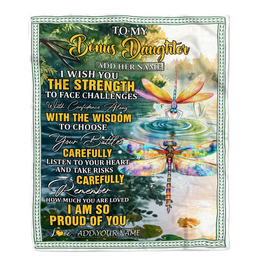 Personalized To My Bonus Daughter Gifts Blanket From Stepmom Stepdad I Wish You The Strength Dragonfly Stepdaughter Birthday Gifts Christmas Fleece Blanket | teecentury