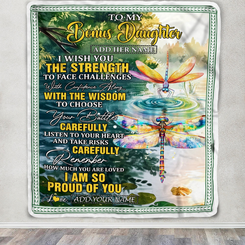 Personalized To My Bonus Daughter Gifts Blanket From Stepmom Stepdad I Wish You The Strength Dragonfly Stepdaughter Birthday Gifts Christmas Fleece Blanket | teecentury