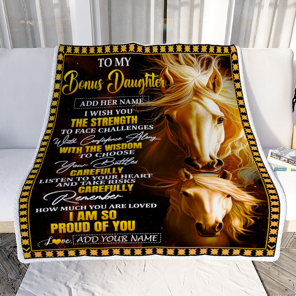 Personalized To My Bonus Daughter Gifts Blanket From Stepmom Stepdad I Wish You The Strength Horse Stepdaughter Birthday Gifts Christmas Custom Fleece Blanket | teecentury
