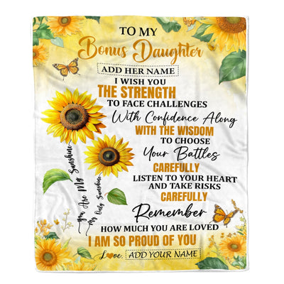 Personalized To My Bonus Daughter Gifts Blanket From Stepmom Stepdad I Wish You The Strength Sunflower Stepdaughter Birthday Gifts Christmas Fleece Blanket | teecentury