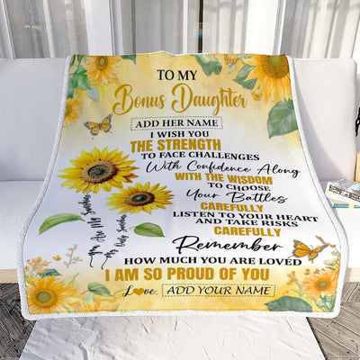 Personalized To My Bonus Daughter Gifts Blanket From Stepmom Stepdad I Wish You The Strength Sunflower Stepdaughter Birthday Gifts Christmas Fleece Blanket | teecentury