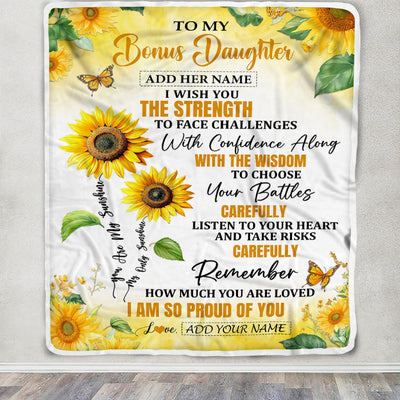 Personalized To My Bonus Daughter Gifts Blanket From Stepmom Stepdad I Wish You The Strength Sunflower Stepdaughter Birthday Gifts Christmas Fleece Blanket | teecentury