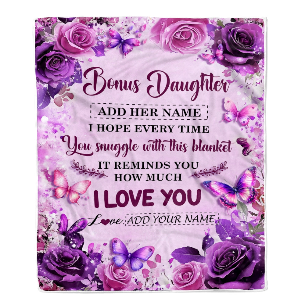 Personalized To My Bonus Daughter Gifts Blanket From Stepmom Stepdad Purple Floral Birthday Gifts For Stepdaughter Graduation Christmas Fleece Throw Blanket | teecentury