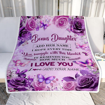 Personalized To My Bonus Daughter Gifts Blanket From Stepmom Stepdad Purple Floral Birthday Gifts For Stepdaughter Graduation Christmas Fleece Throw Blanket | teecentury