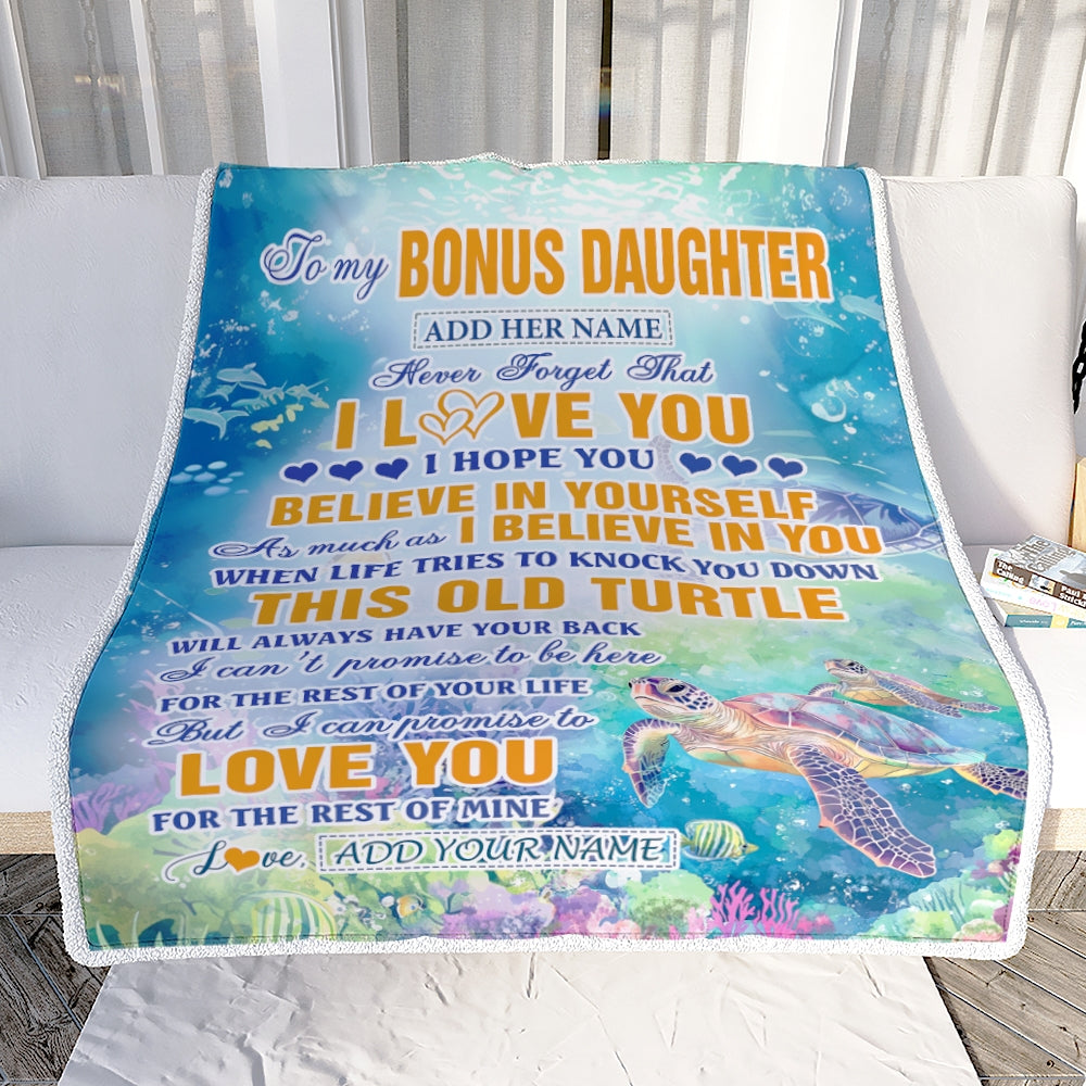 Personalized To My Bonus Daughter Gifts Blanket From Stepmom Stepdad This Old Turtle Love You Stepdaughter Birthday Gifts Graduation Christmas Fleece Blanket | teecentury