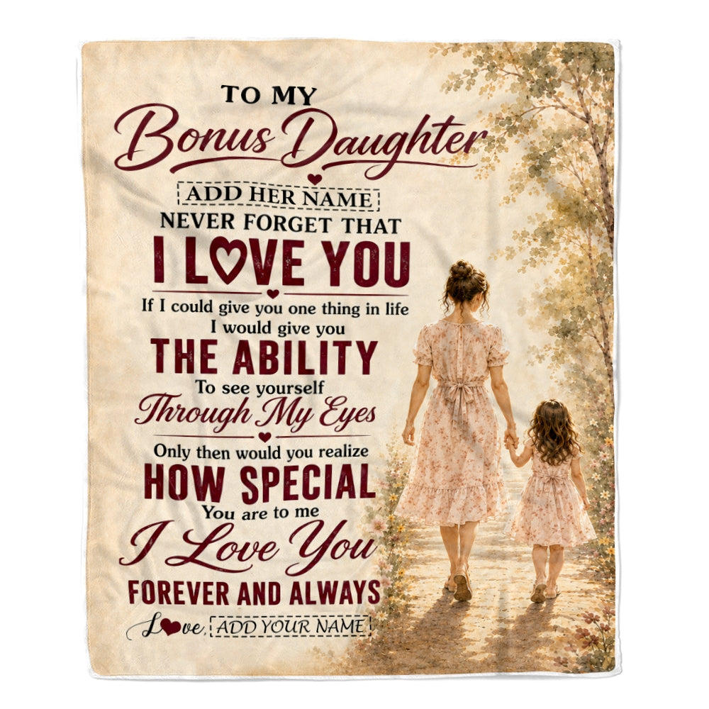 Personalized To My Bonus Daughter Gifts Blanket From Stepmom Stepdaughter Holding Hands Letter Birthday Gift Graduation Christmas Customized Fleece Blanket | teecentury
