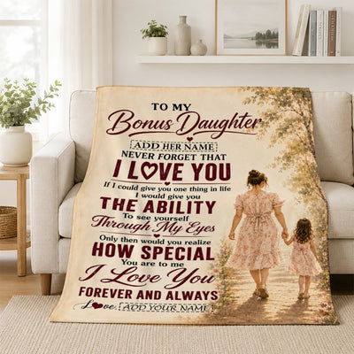 Personalized To My Bonus Daughter Gifts Blanket From Stepmom Stepdaughter Holding Hands Letter Birthday Gift Graduation Christmas Customized Fleece Blanket | teecentury