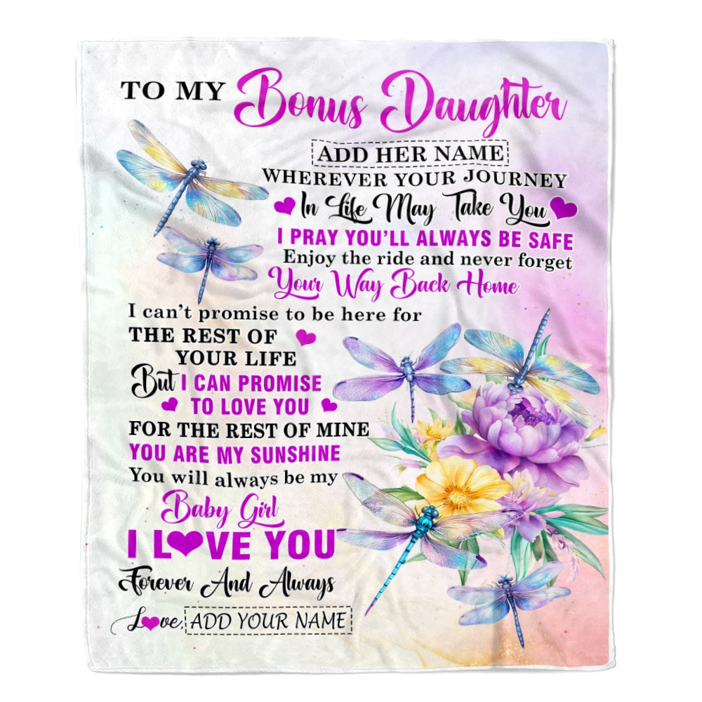 Personalized To My Bonus Daughter Gifts Blanket From Stepmom Wherever Your Journey In Life Dragonfly Stepdaughter Birthday Gifts Customized Fleece Blanket | teecentury