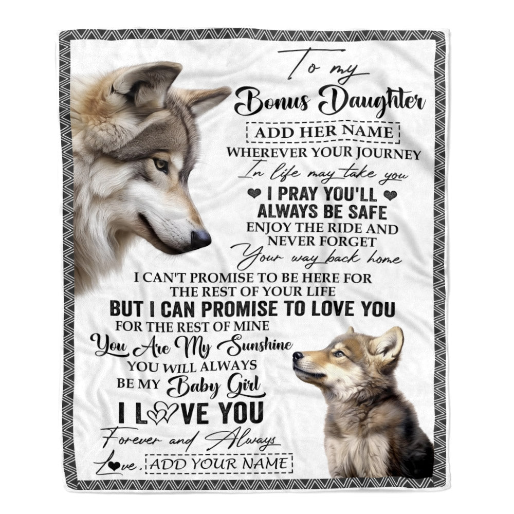 Personalized To My Bonus Daughter Gifts Blanket From Stepmom Wherever Your Journey In Life Wolf Stepdaughter Birthday Gifts Customized Fleece Throw Blanket | teecentury