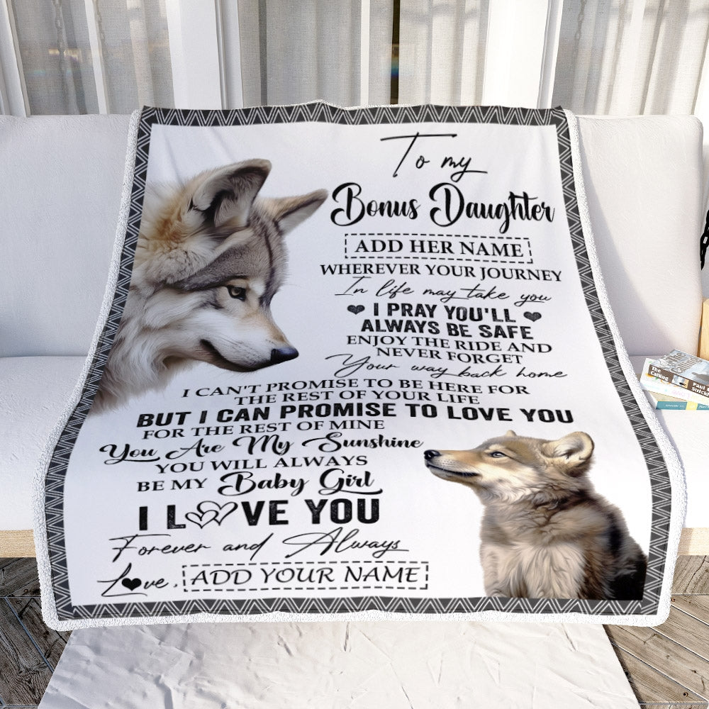 Personalized To My Bonus Daughter Gifts Blanket From Stepmom Wherever Your Journey In Life Wolf Stepdaughter Birthday Gifts Customized Fleece Throw Blanket | teecentury