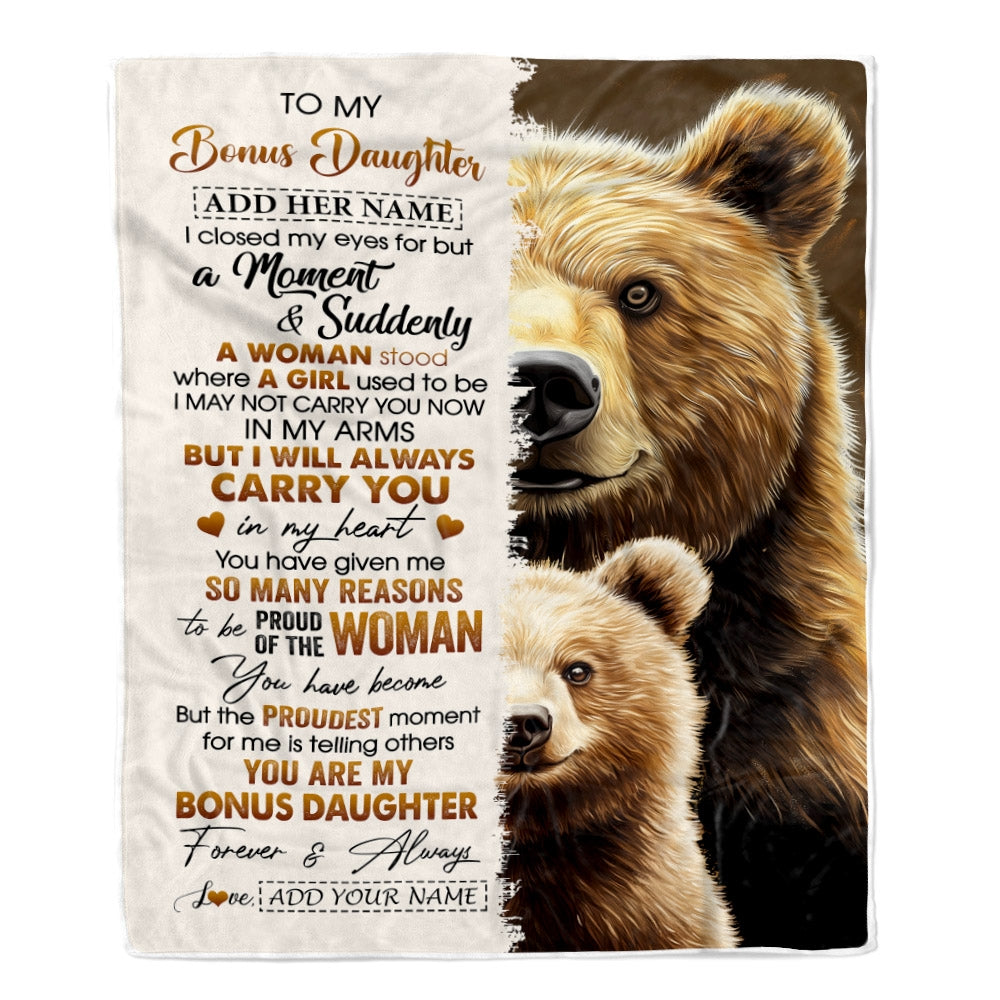 Personalized To My Bonus Daughter Gifts Blanket From Stepmother Dad I Close My Eyes Bear Stepdaughter Birthday Gifts Graduation Christmas Fleece Blanket | teecentury