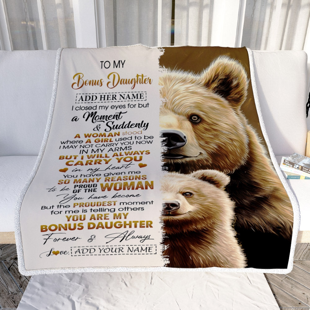 Personalized To My Bonus Daughter Gifts Blanket From Stepmother Dad I Close My Eyes Bear Stepdaughter Birthday Gifts Graduation Christmas Fleece Blanket | teecentury