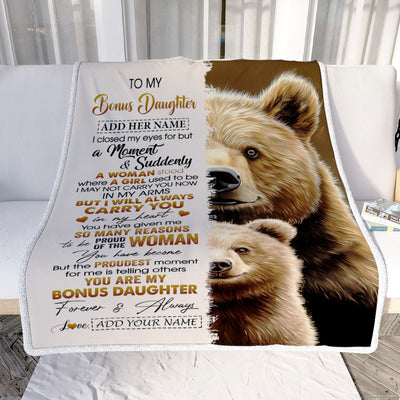 Personalized To My Bonus Daughter Gifts Blanket From Stepmother Dad I Close My Eyes Bear Stepdaughter Birthday Gifts Graduation Christmas Fleece Blanket | teecentury