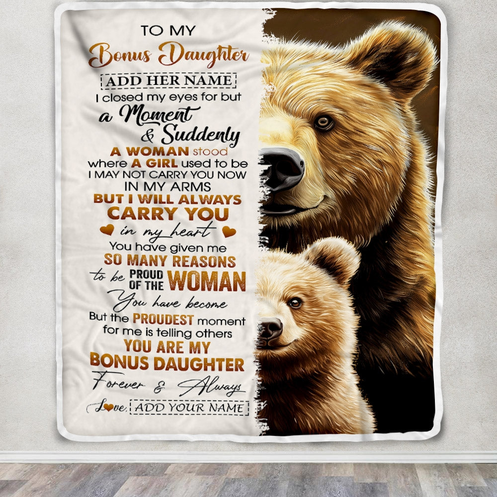 Personalized To My Bonus Daughter Gifts Blanket From Stepmother Dad I Close My Eyes Bear Stepdaughter Birthday Gifts Graduation Christmas Fleece Blanket | teecentury