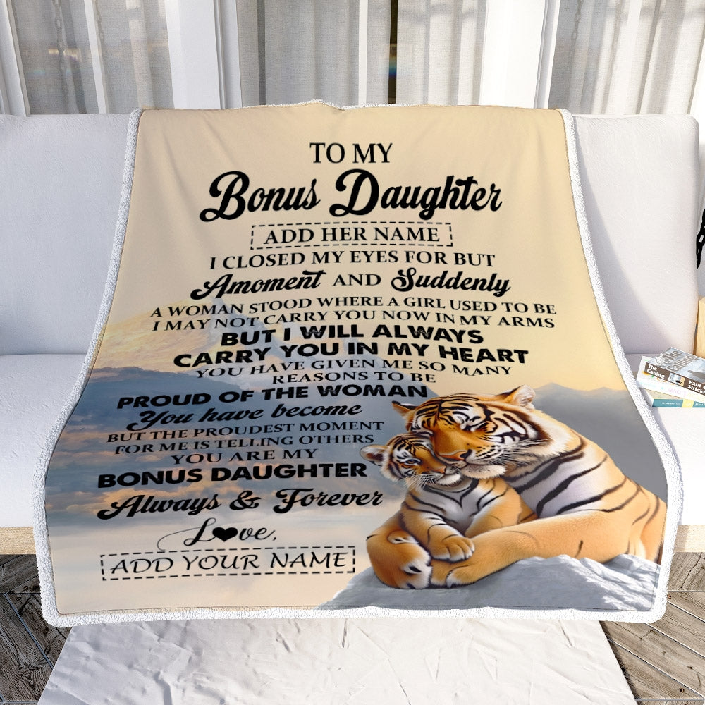 Personalized To My Bonus Daughter Gifts Blanket Tiger From Stepmother Dad You Are My Stepdaughter Birthday Gifts Graduation Christmas Custom Fleece Blanket | teecentury