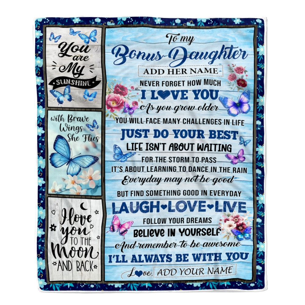 Personalized To My Bonus Daughter Gifts Blanket Wood Butterfly Believe In Yourself Custom Stepdaughter Birthday Gifts Graduation Christmas Fleece Blanket | teecentury