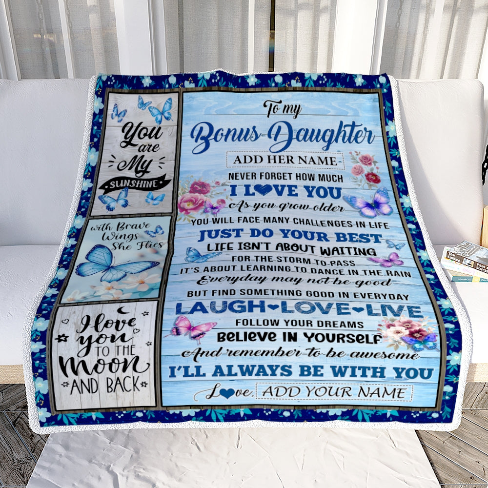 Personalized To My Bonus Daughter Gifts Blanket Wood Butterfly Believe In Yourself Custom Stepdaughter Birthday Gifts Graduation Christmas Fleece Blanket | teecentury